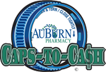 This graphic displays our AuBurn Pharmacy Caps to Cash logo
